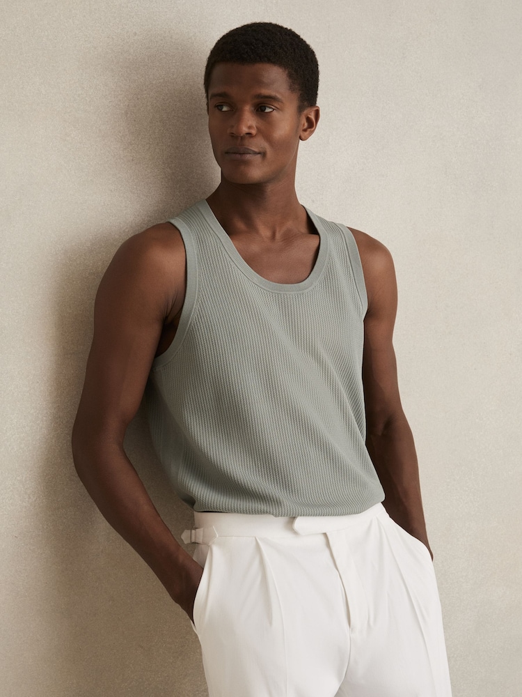 Reiss Sage Green Watson Textured Crew Neck Ribbed Vest - Image 1 of 6