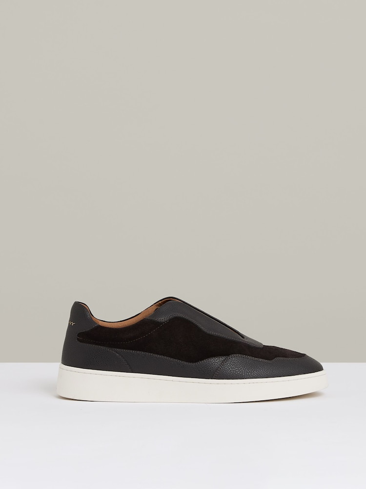Reiss Espresso Brown Cruz Grained Leather Elasticated Lace Trainers - Image 1 of 5