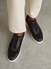 Reiss Espresso Brown Cruz Grained Leather Elasticated Lace Trainers - Image 2 of 5
