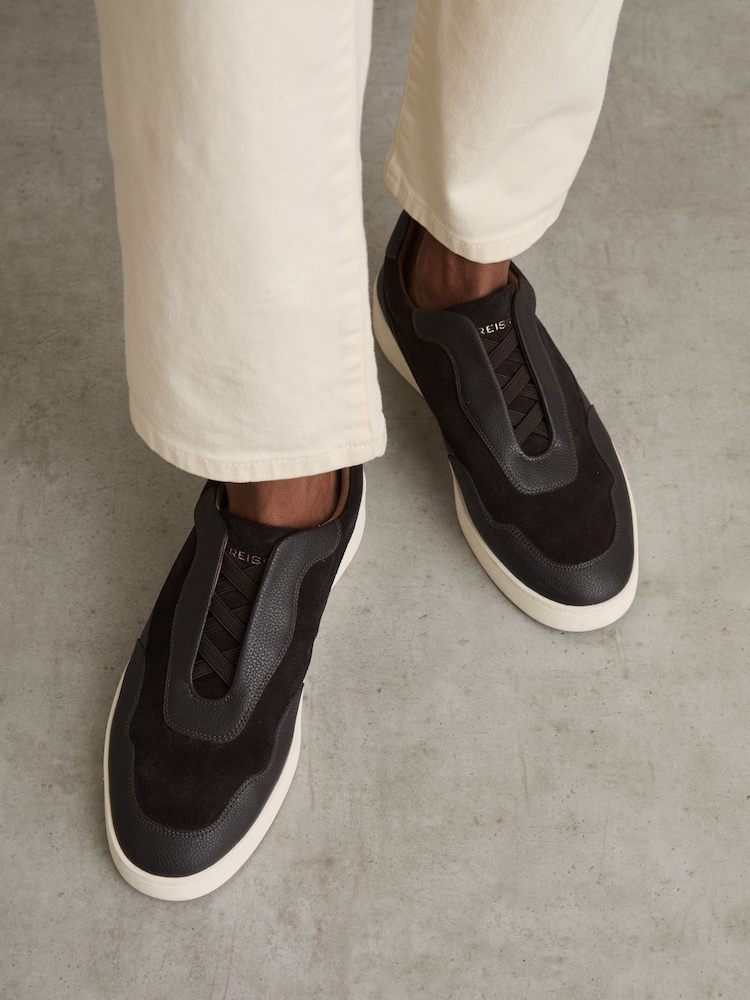 Reiss Espresso Brown Cruz Grained Leather Elasticated Lace Trainers - Image 2 of 5