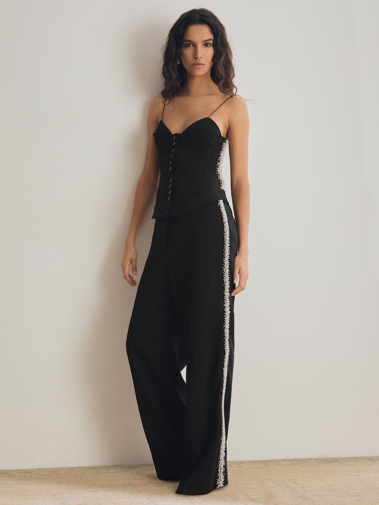 Reiss Black Marcella Atelier Embellished Wide Leg Trousers - Image 1 of 7
