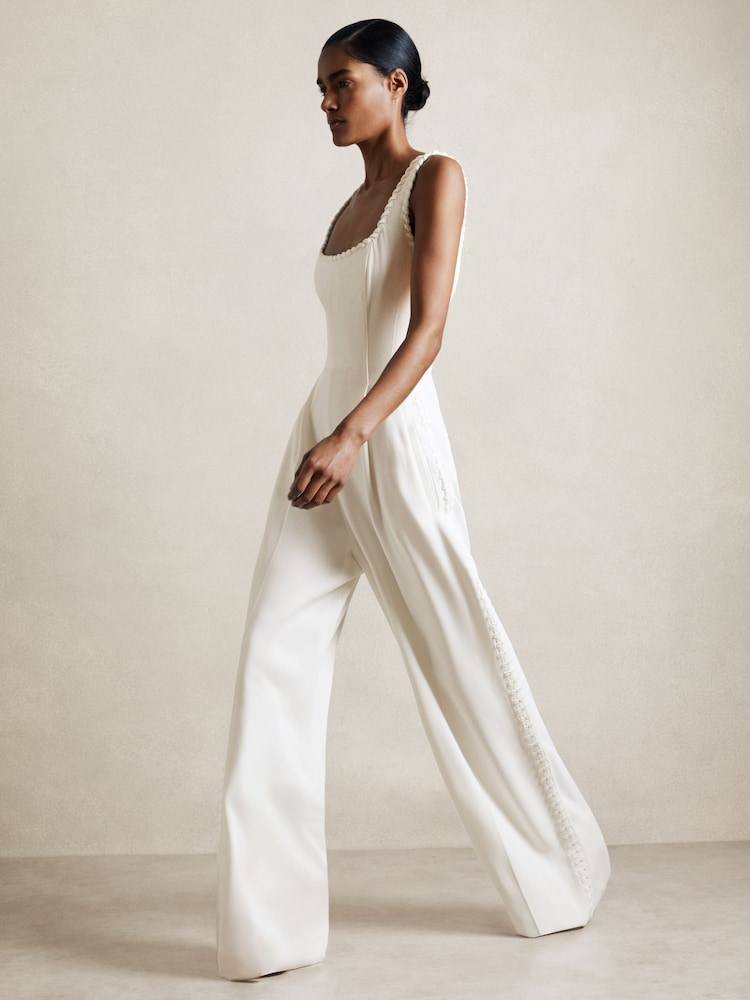 Reiss White Max Atelier Whipstitch Wide Leg Jumpsuit - Image 1 of 8