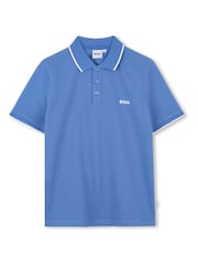 BOSS Blue Logo Short Sleeve Pique 100% Cotton Polo Shirt - Image 1 of 2