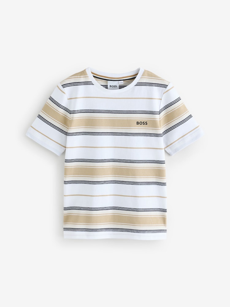 BOSS Natural Striped Short Sleeve Logo T-Shirt - Image 1 of 5 BOSS Natural Striped Short Sleeve Logo T-Shirt - Image 1 of 5