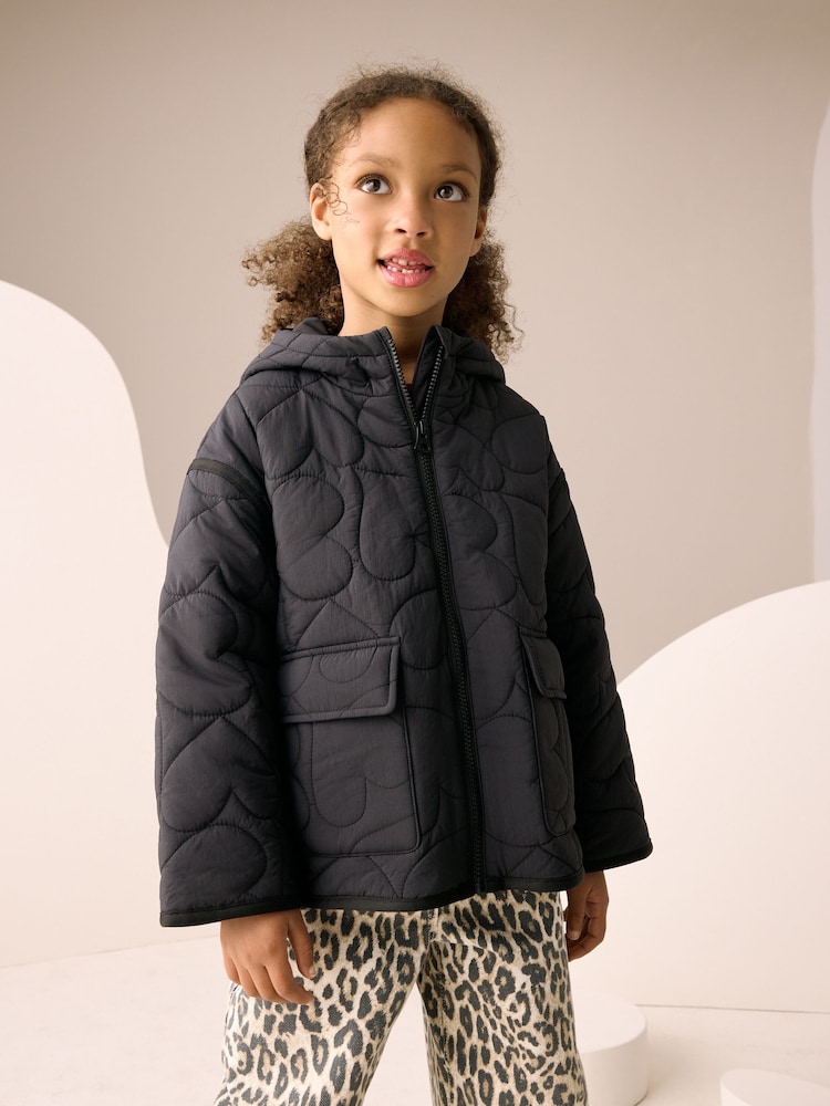 Black Shower Resistant Heart Quilt Padded Jacket (3-16yrs) - Image 1 of 9