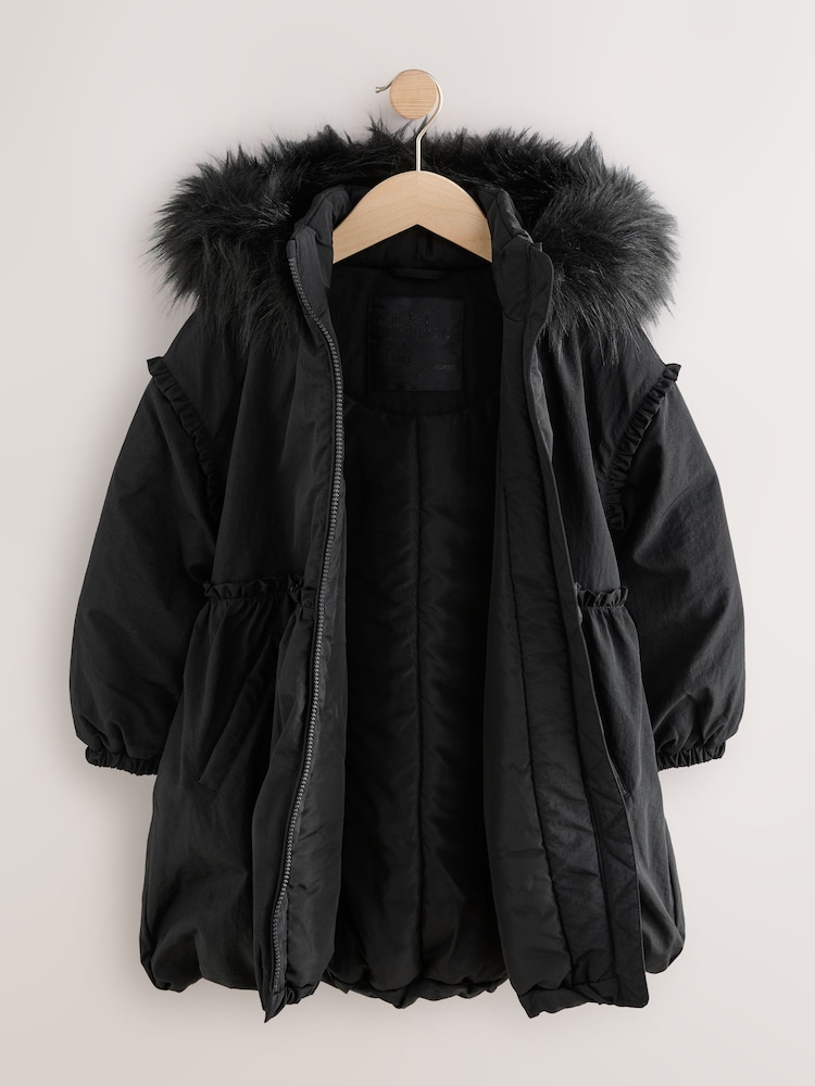 Black Shower Resistant Puffball Hem Padded Coat (3-16yrs) - Image 2 of 6