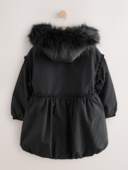 Black Shower Resistant Puffball Hem Padded Coat (3-16yrs) - Image 3 of 6