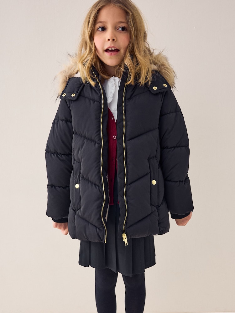 Black - Shower Resistant Faux Fur Trim Padded Coat (3-16yrs) - Image 1 of 5