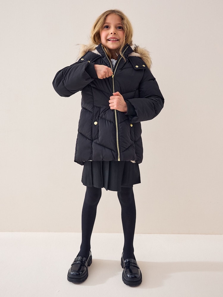 Black - Shower Resistant Faux Fur Trim Padded Coat (3-16yrs) - Image 2 of 5
