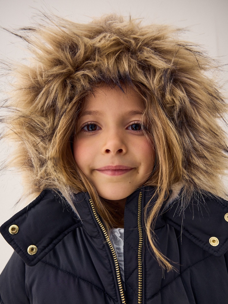Black - Shower Resistant Faux Fur Trim Padded Coat (3-16yrs) - Image 5 of 5