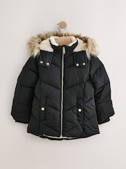 Black Shower Resistant Faux Fur Trim Padded Coat (3-16yrs) - Image 6 of 12