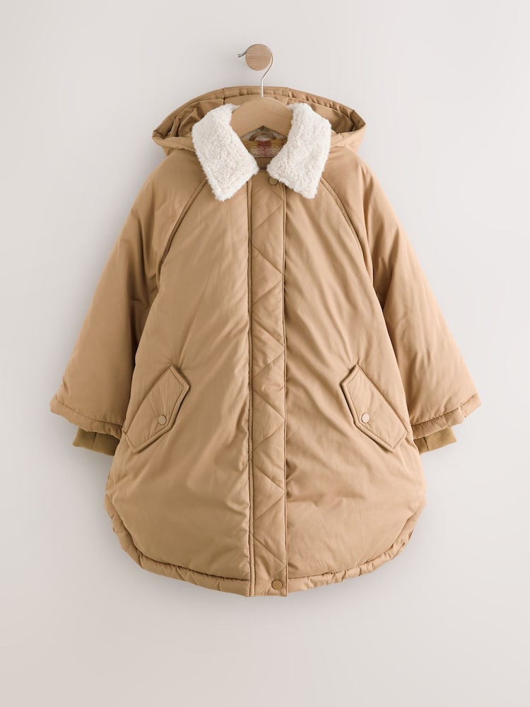 Tan Brown Shower Resistant Borg Collar Padded Coat (3-16yrs) - Image 1 of 11 Tan Brown Shower Resistant Borg Collar Padded Coat (3-16yrs) - Image 1 of 11