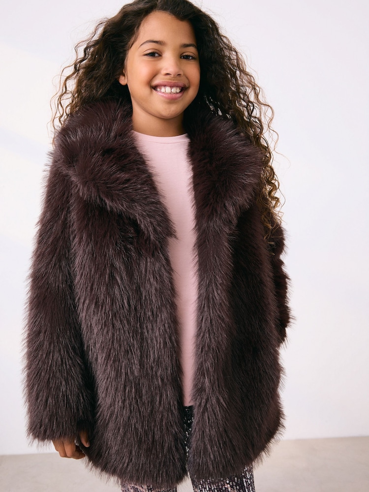 Chocolate Brown Faux Fur Coat (3-16yrs) - Image 1 of 8 Chocolate Brown Faux Fur Coat (3-16yrs) - Image 1 of 8