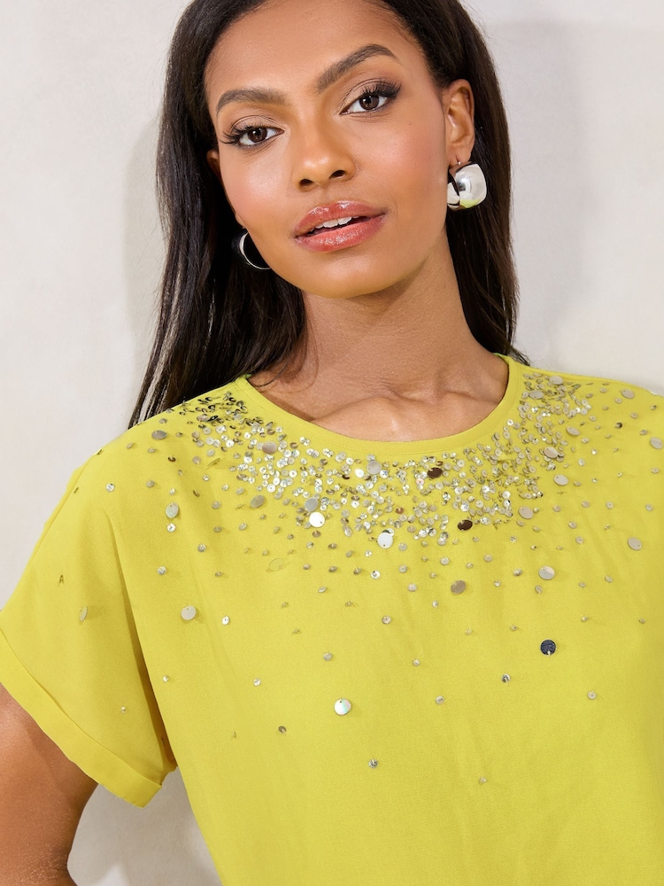Lipsy Yellow Sequin Detail Printed T-Shirt - Image 2 of 4