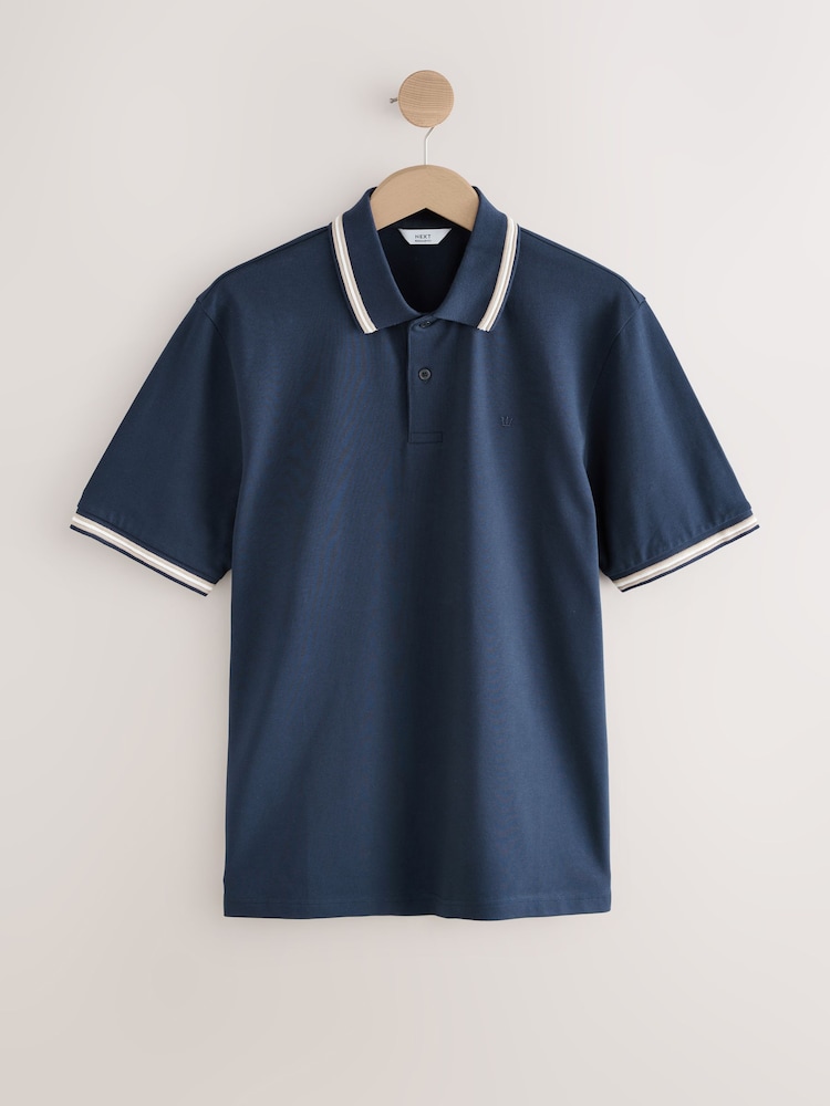 Navy Ottoman Regular Fit Short Sleeve Tipped Polo Shirt - Image 4 of 6