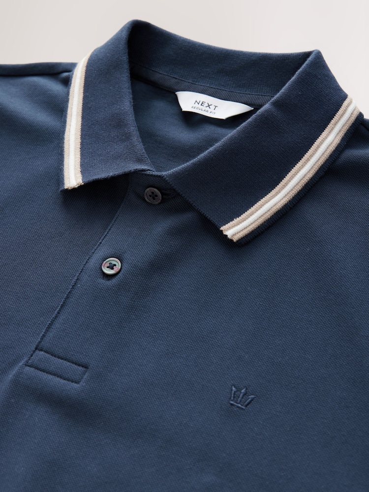Navy Ottoman Regular Fit Short Sleeve Tipped Polo Shirt - Image 5 of 6