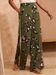 Love & Roses Khaki Green Animal Print Sequin Trim Trousers - Image 1 of 4