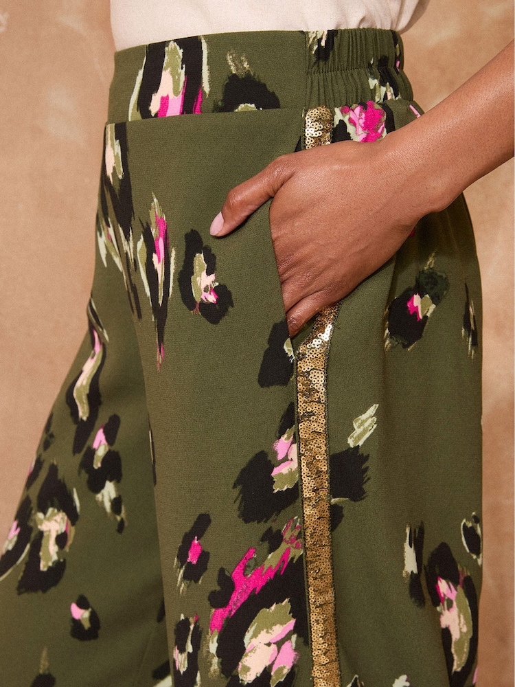 Love & Roses Khaki Green Animal Print Sequin Trim Trousers - Image 4 of 4