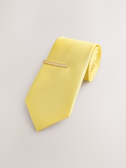 Yellow Textured Tie with Tie Clip - Image 3 of 5