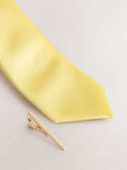 Yellow Textured Tie with Tie Clip - Image 4 of 5