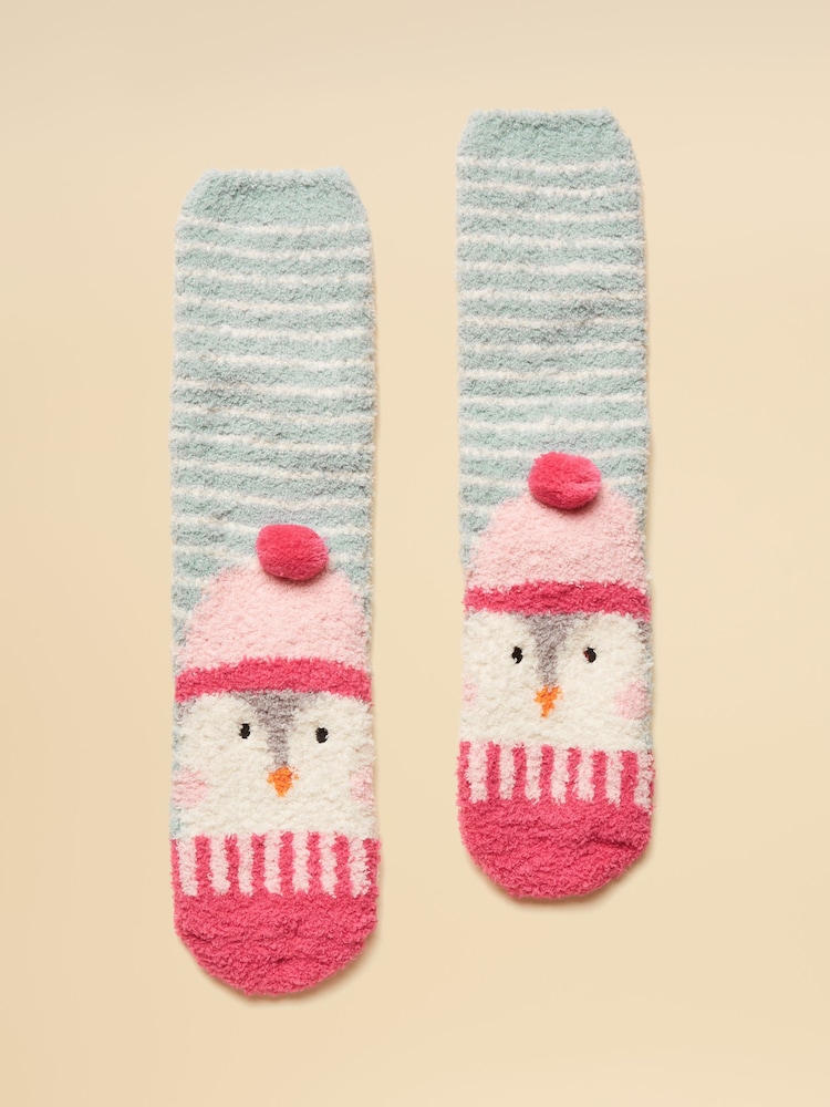 Joules Fluffy Penguin Pink/Blue Character Socks - Image 1 of 3 Joules Fluffy Penguin Pink/Blue Character Socks - Image 1 of 3