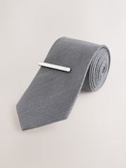 Grey Herringbone Tie with Mother of Pearl Tie Clip - Image 1 of 3