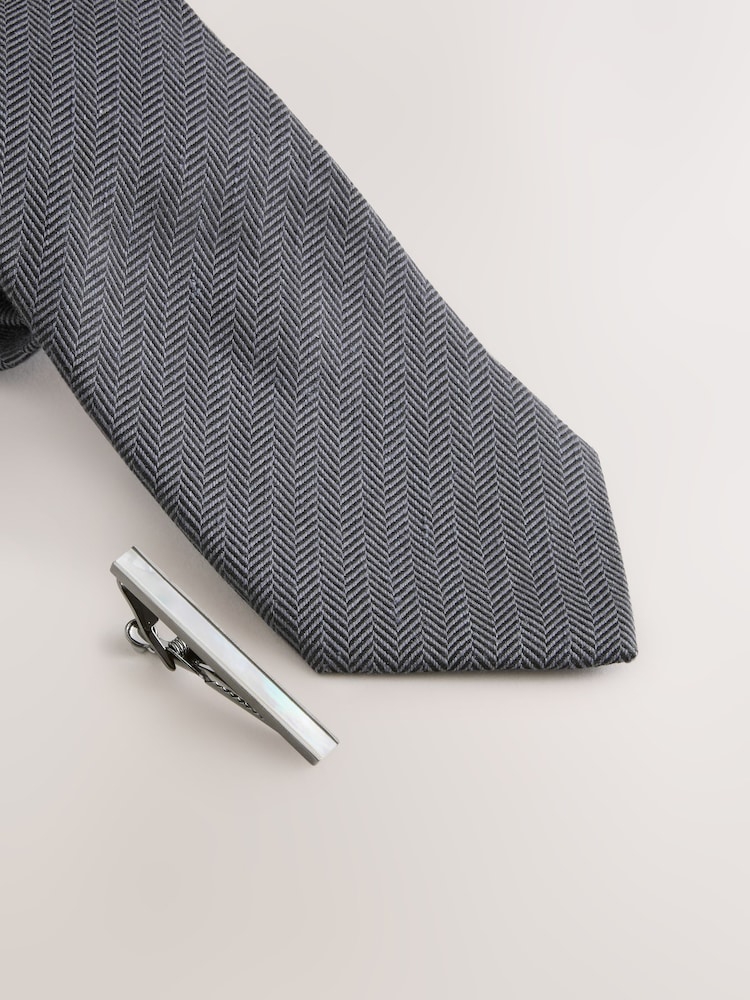 Grey Herringbone Tie with Mother of Pearl Tie Clip - Image 2 of 3