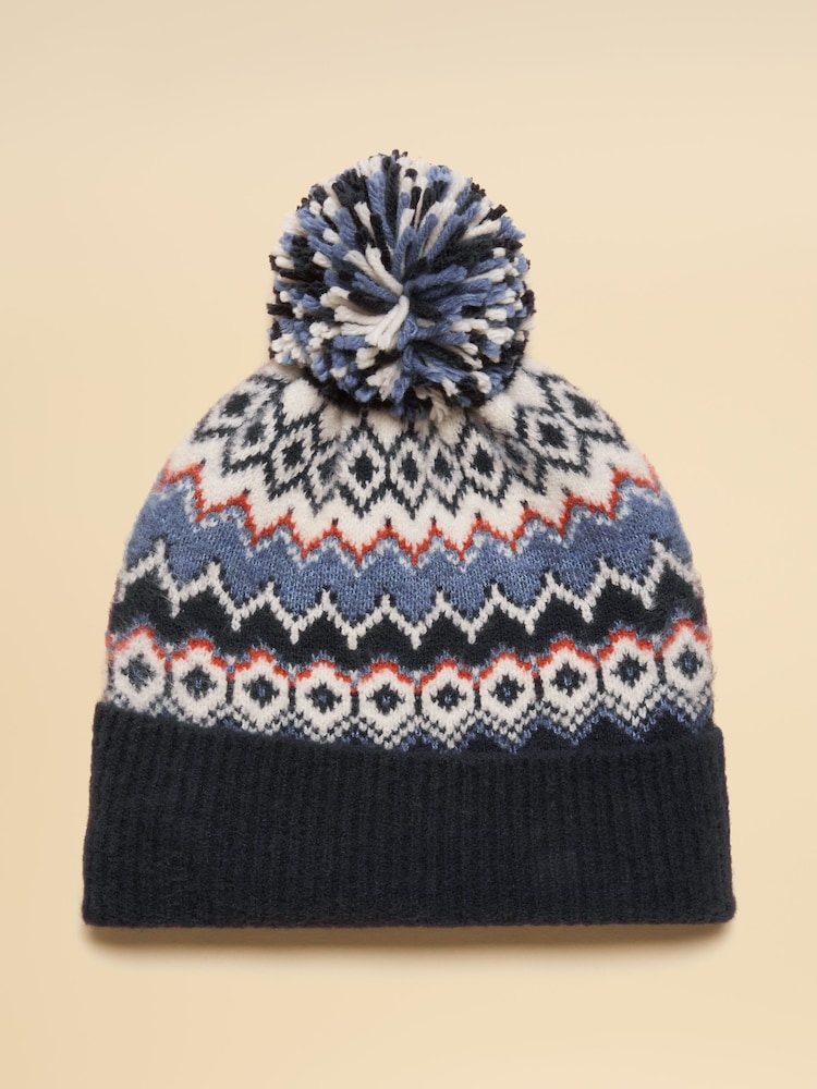 Joules Kara Navy Fairisle Bobble Beanie Hat - Image 1 of 4 Joules Kara Navy Fairisle Bobble Beanie Hat - Image 1 of 4