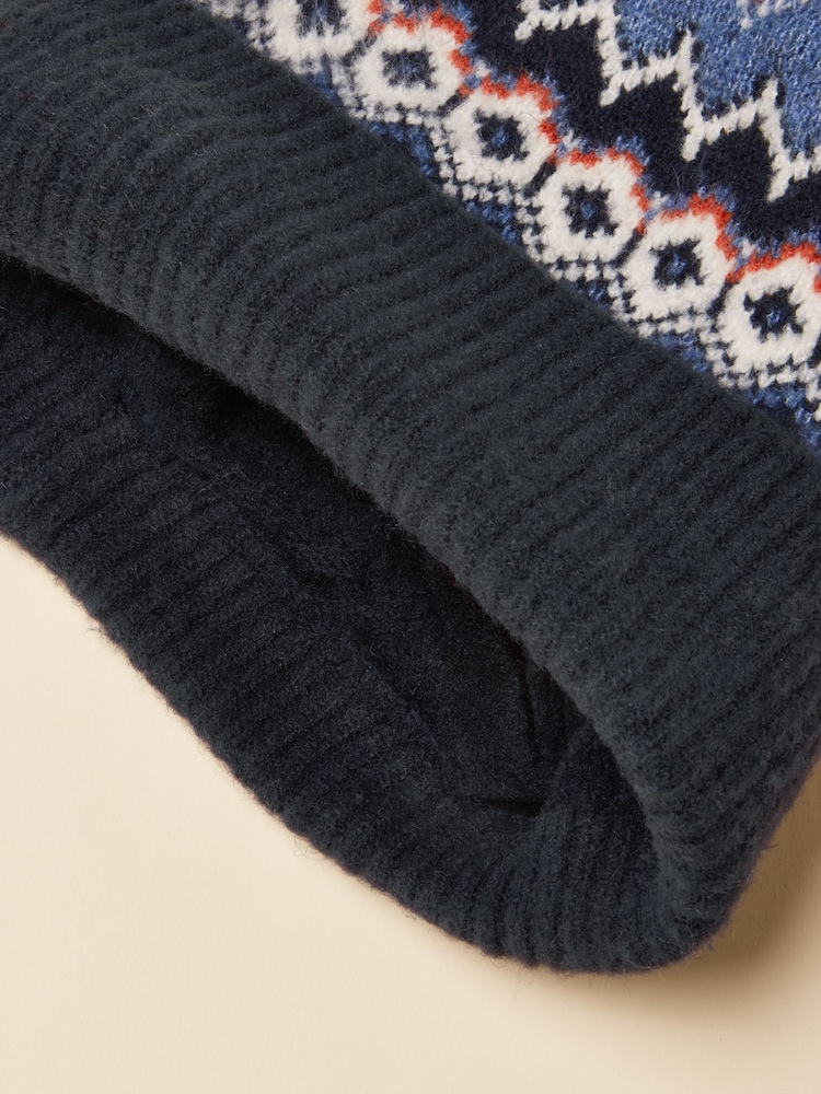 Joules Kara Navy Fairisle Bobble Beanie Hat - Image 4 of 4 Joules Kara Navy Fairisle Bobble Beanie Hat - Image 4 of 4