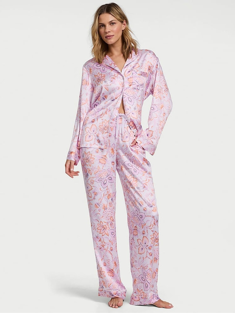 Victoria's Secret Purple Floral Satin Long Pyjama Set - Image 1 of 2
