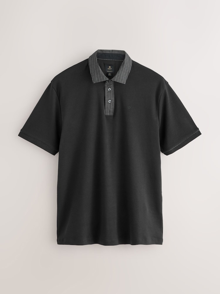 Black Check Short Sleeve Smart Collar Polo Shirt - Image 1 of 3