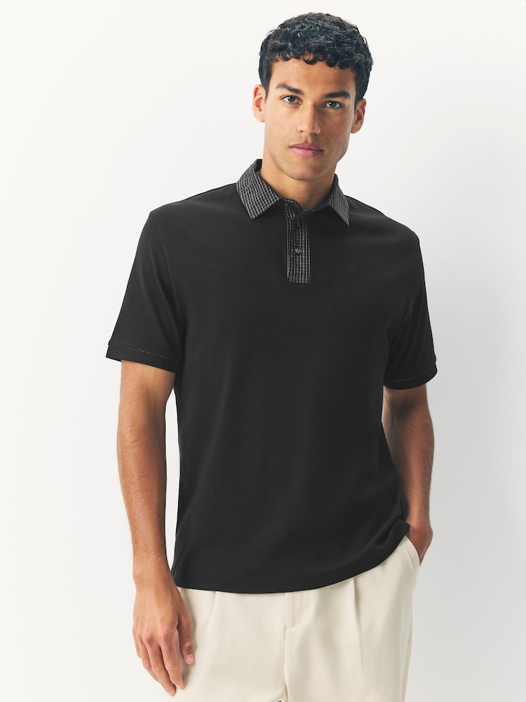 Black Check Short Sleeve Smart Collar Polo Shirt - Image 1 of 6 Black Check Short Sleeve Smart Collar Polo Shirt - Image 1 of 6