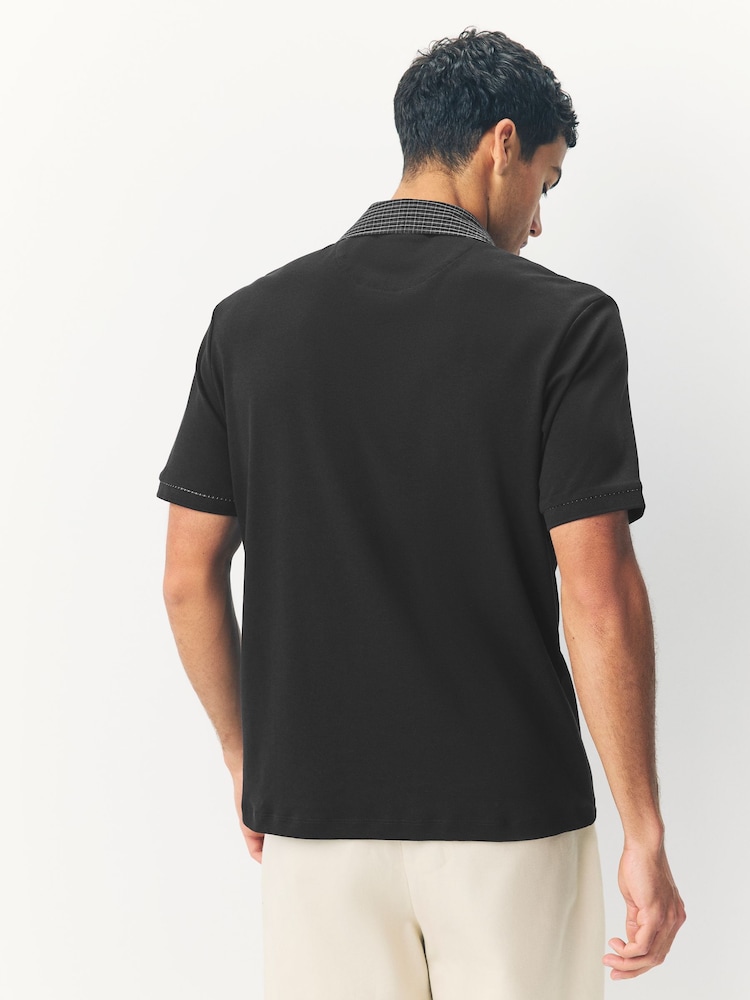 Black Check Short Sleeve Smart Collar Polo Shirt - Image 2 of 6 Black Check Short Sleeve Smart Collar Polo Shirt - Image 2 of 6