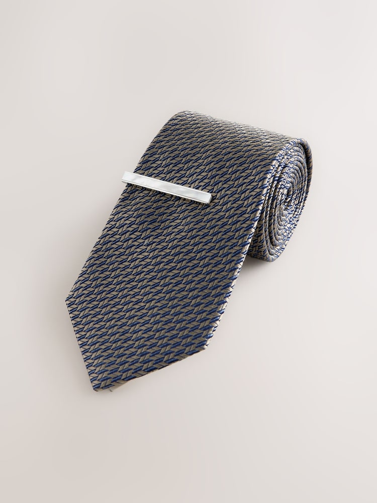 Neutral Wide Silk Tie With Tie Clip - Image 1 of 3