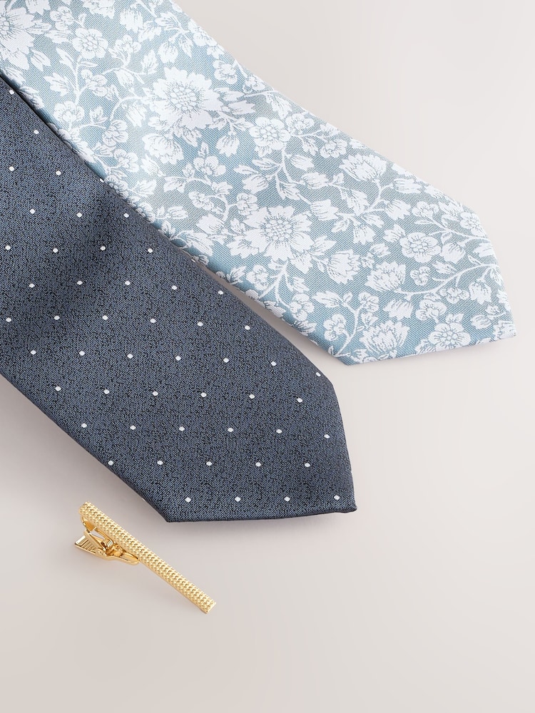 Green/Blue Design Ties And Tie Clips 2 Pack - Image 2 of 3 Green/Blue Design Ties And Tie Clips 2 Pack - Image 2 of 3