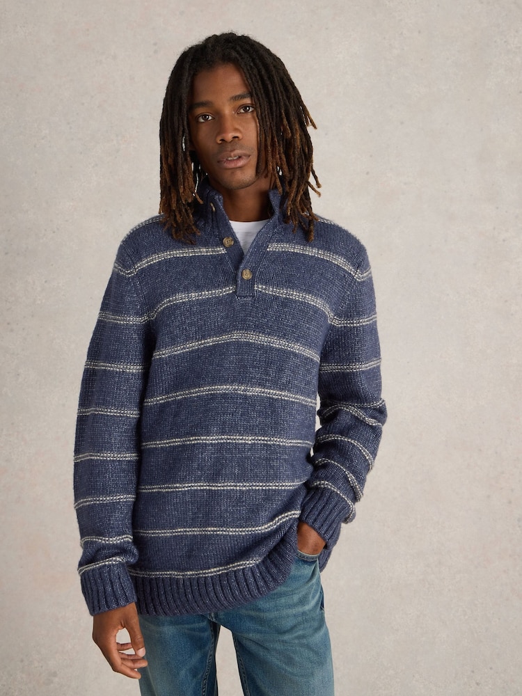 White Stuff Blue Breton Stripe Button Neck Jumper - Image 1 of 6