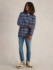 White Stuff Blue Breton Stripe Button Neck Jumper - Image 3 of 6