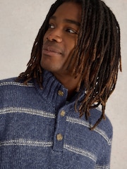 White Stuff Blue Breton Stripe Button Neck Jumper - Image 4 of 6