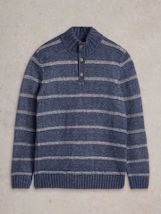 White Stuff Blue Breton Stripe Button Neck Jumper - Image 5 of 6