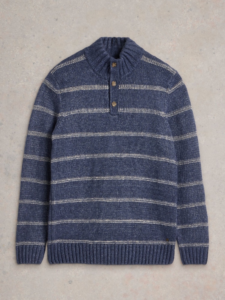 White Stuff Blue Breton Stripe Button Neck Jumper - Image 5 of 6