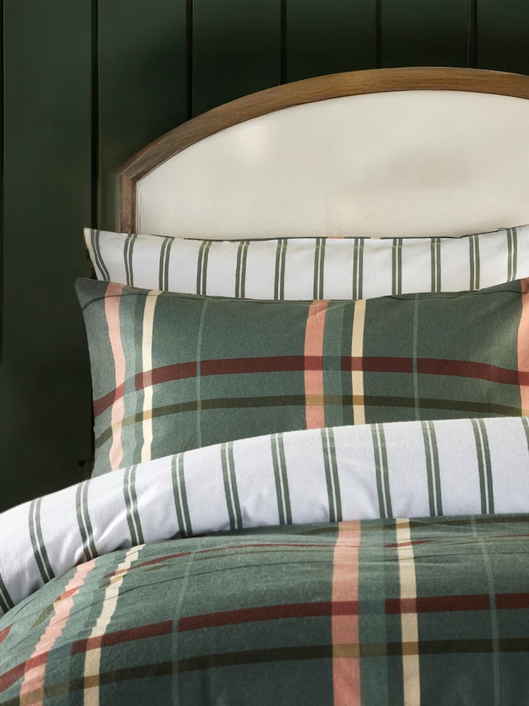 Vantona Green Brushed Plaid Quilt 100% Cotton Cover Set - Image 2 of 4