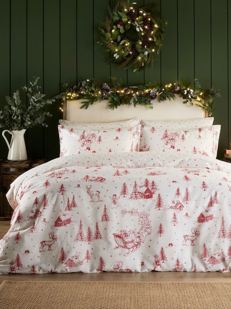 Vantona Red Brushed Santa Toile Quilt 100% Cotton Cover Set - Image 1 of 5