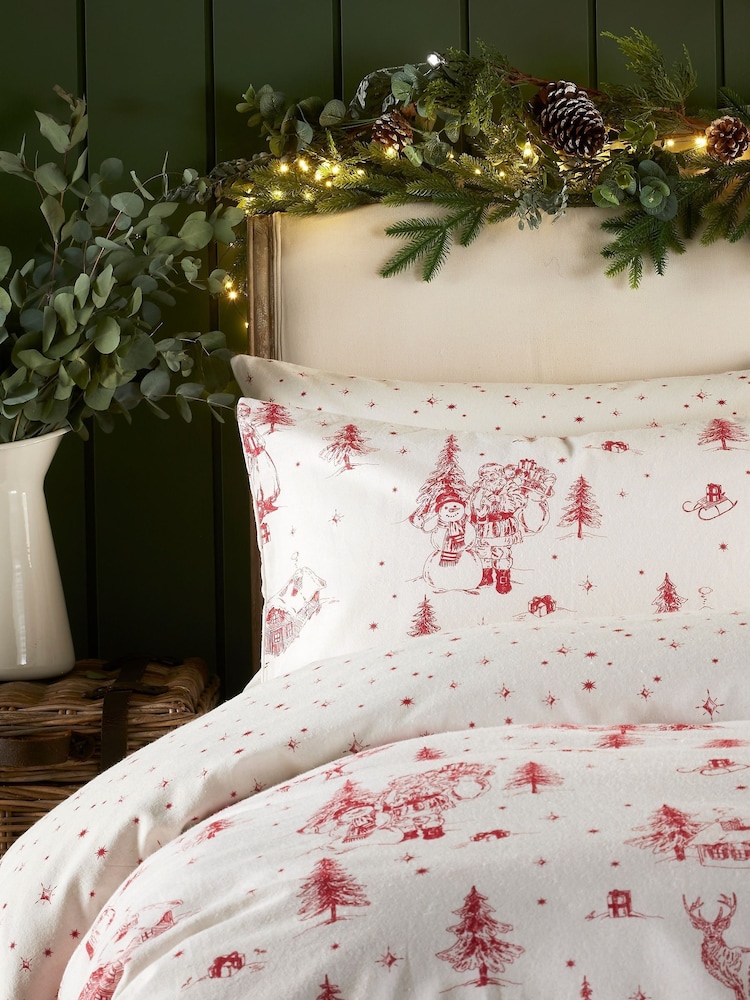 Vantona Red Brushed Santa Toile Quilt 100% Cotton Cover Set - Image 2 of 5