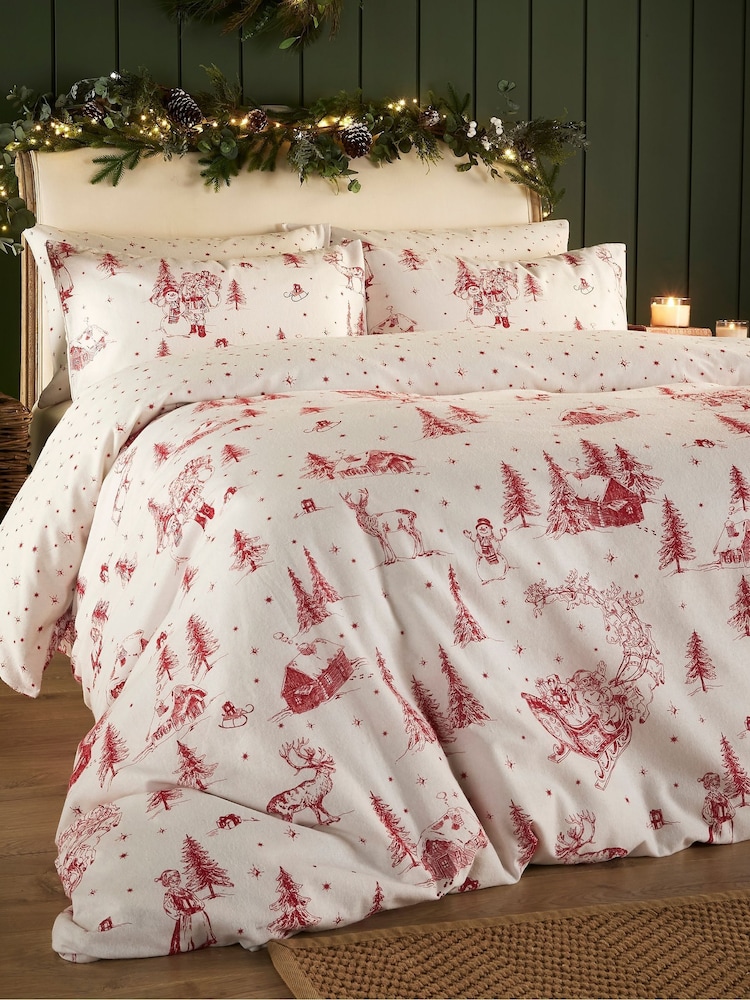 Vantona Red Brushed Santa Toile Quilt 100% Cotton Cover Set - Image 4 of 5