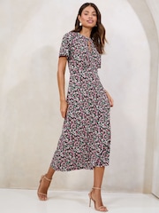 Lipsy Pink Ditsy Printed Short Sleeve Keyhole Jersey Midi Dress - Image 1 of 4