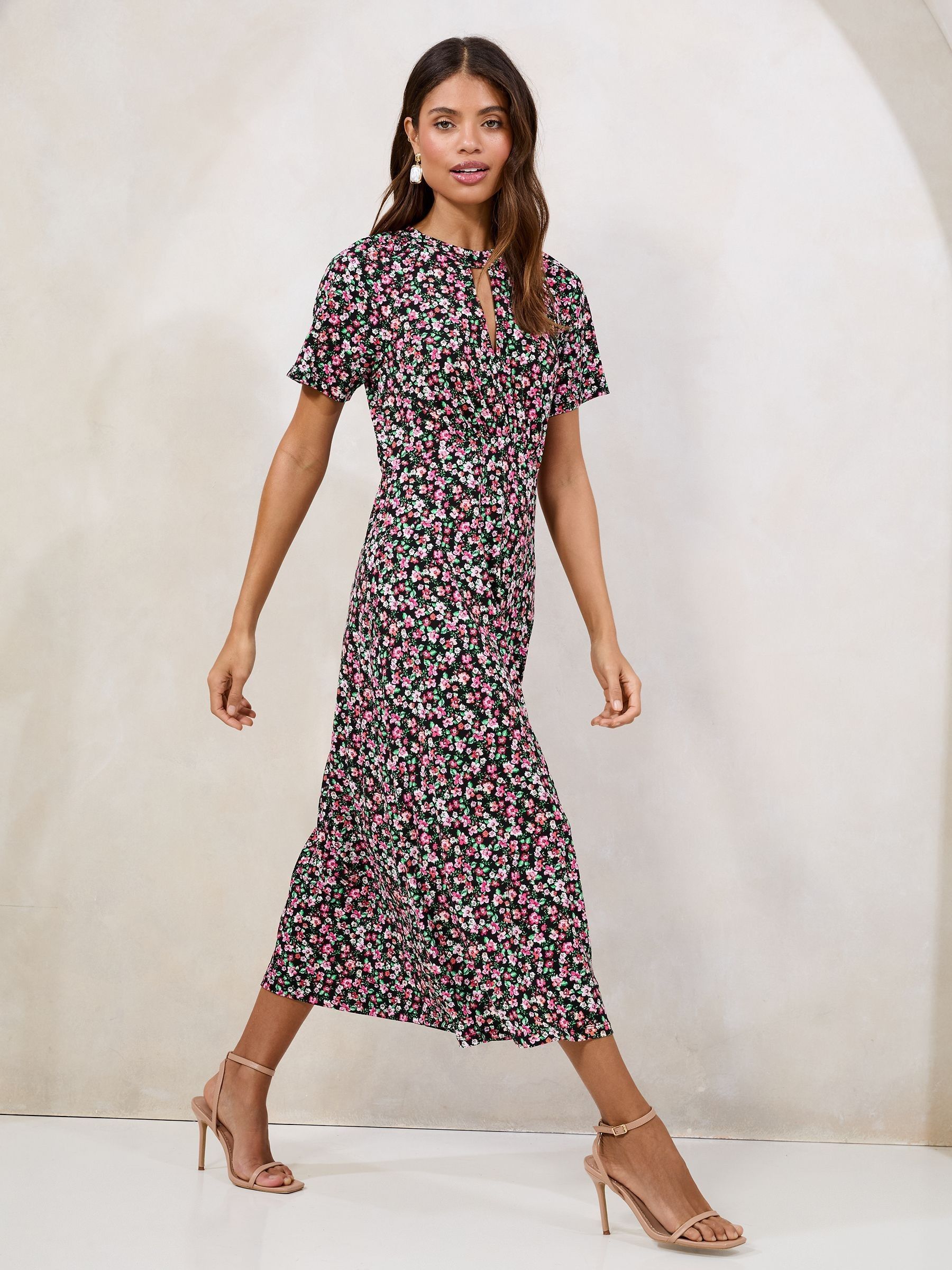 Buy Lipsy Pink Ditsy Printed Short Sleeve Keyhole Jersey Midi