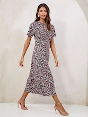 Lipsy Pink Ditsy Printed Short Sleeve Keyhole Jersey Midi Dress - Image 3 of 4