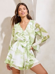 Lipsy Green Floral Petite Ruffle V-Neck Long Sleeve Playsuit - Image 1 of 4