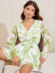 Lipsy Green Floral Petite Ruffle V-Neck Long Sleeve Playsuit - Image 3 of 4