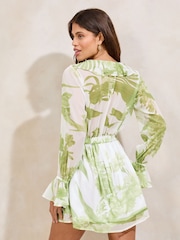 Lipsy Green Floral Petite Ruffle V-Neck Long Sleeve Playsuit - Image 4 of 4